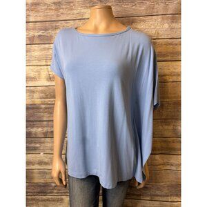 St John Resort Top Short Sleeve One Drape Sleeve M Medium Blue Stretch Classic